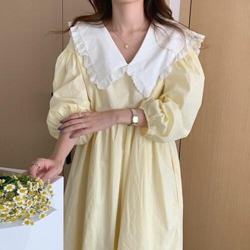 Korean Age Reduction Contrast Color Vestidos Doll Collar Stitching Loose and Versatile Puff Sleeve Midi Dress KK811
