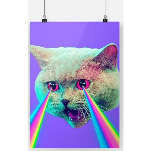 Colorful Bright Cat Laser Poster Framed Canvas Painting Wall Art Decor Living Room Study Home Decoration Wooden Frame Prints