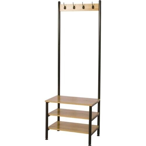 Multi-function Coat Rack Stand Clothes Rail 4 Hanging Hooks with 3 Tier Wooden Shoe Rack Storage Organizer Bedroom Furniture