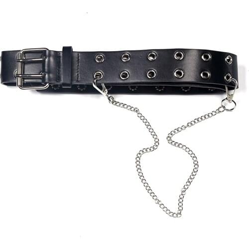 Trendy Retro Hip Hop Black Double-Breasted Chain Design Belt Culottes Punk Wide Belt