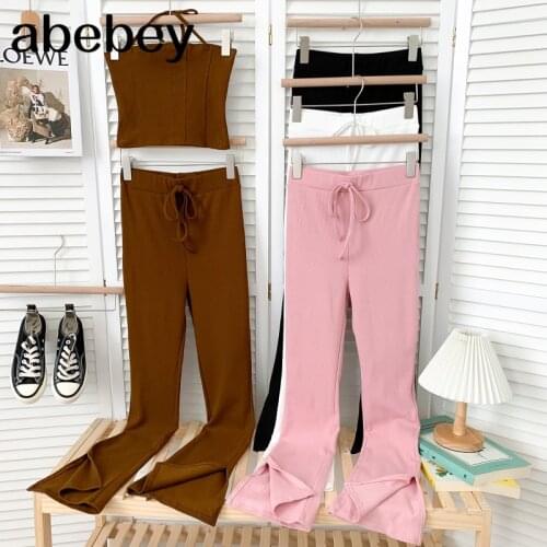 Fashion sleeveless off shoulder Halter Vest Top + high waist bandage casual wide leg split Pants 2-piece set 2021 New Summer