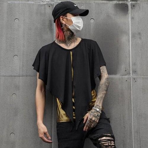 Nightclub DJ singer irregular fake two piece stage costume golden patchwork hip hop punk rock t shirt man vintage slim tees tops