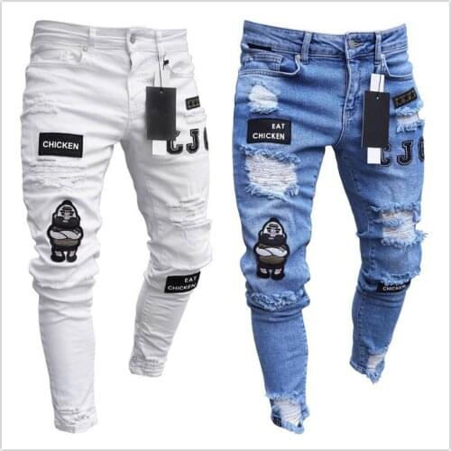 2021 New Fashion Men Ripped Jeans Street Trendy Printed Elastic Slim Denim Pencil Pants Hip Hop Style Trousers S-3XL Drop ship