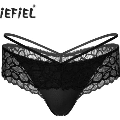 Men Low Waist Floral Lace Transparent Skirted G-string Panties Stretchy Cutout Thong T-back Sissy Underwear for Lingerie Party