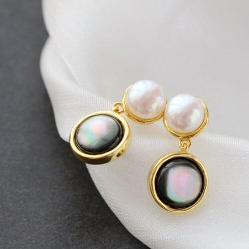 Natural Black Shell Collocation Freshwater Pearl Fashion 18K Gold Plate Circular 925 Sterling Silver Earring Party Fine Jewelry