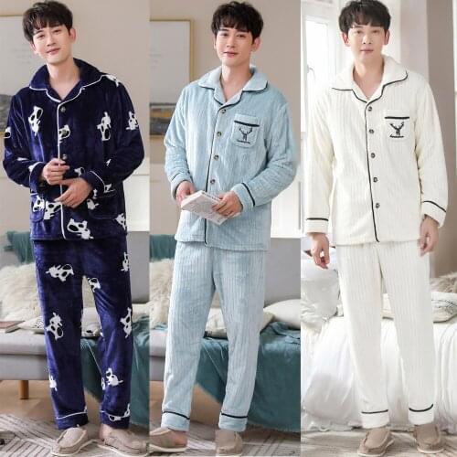 Autumn Winter Thicken Soft Flannel Pajamas Sets for Men Night Pijamas Male Long Sleeve Pyjamas Sleepwear Suit Casual Homewear