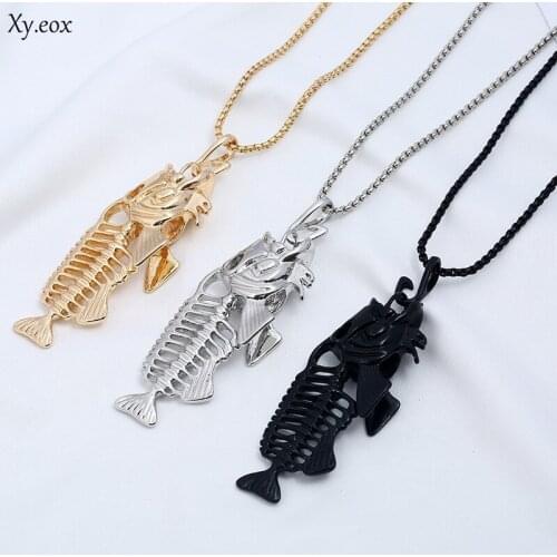 Charms Fish Bone & Fishing Hook Pendant Necklaces Shellhard Stainless Steel Hollow Fish Skeleton Bone Necklace Fashion Jewelry