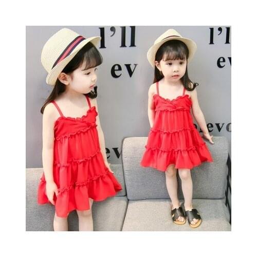 Childrens clothing summer dress girls big red cotton and linen small cute layer cake strap fashion explosion models princ