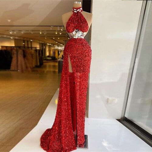 Dark Red Sequined Prom Dresses Sexy Halter Sleeveless Side High Split Evening Gowns Zipper Back Sweep Train Formal Party Dress