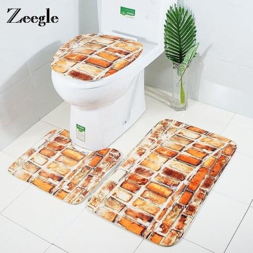 Zeegle Bath Mat Stone Brick Printed Toilet Rug Bathroom Carpet Set Absorbent Non-slip Mat For Toilet Bathroom Decor Area Rug