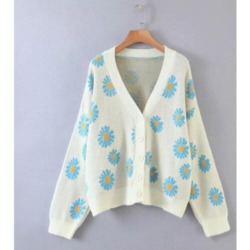 Women Sweater Floral Daisy Print V-Neck Button Long Sleeve Spring Autumn Cardigan Elegant Ladies Clothing