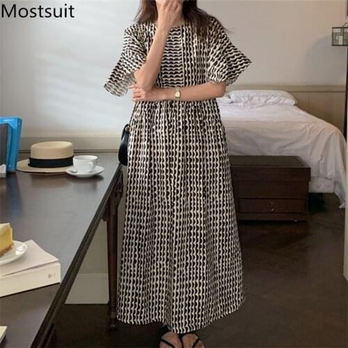 Korean Printed Women Long Dress Summer Butterfly Sleeve O-neck A-line Midi Dresses Vintage Elegant Loose Female Vestidos 2021