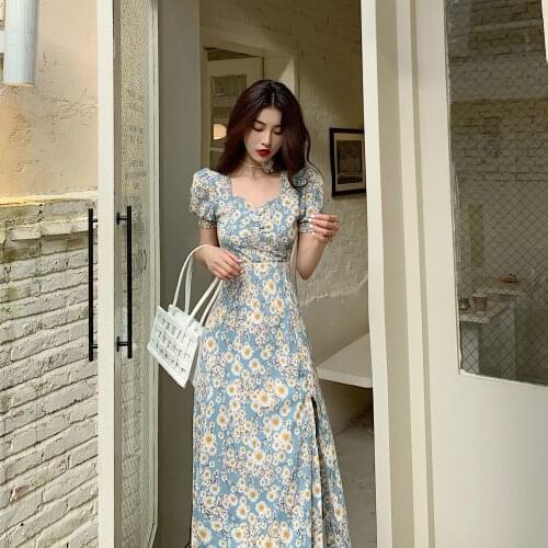 Little Chrysanthemum Print Dress Womens 2021 Summer New Waist Design Feeling Split Chiffon Dress Fashion