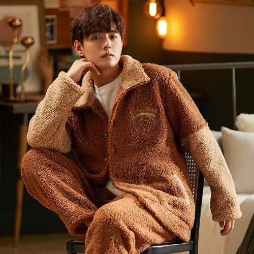 Winter Men Coral Fleece Wool Thick Flannel Fashionable Leisurewear Sleepwear Pajamas Suit
