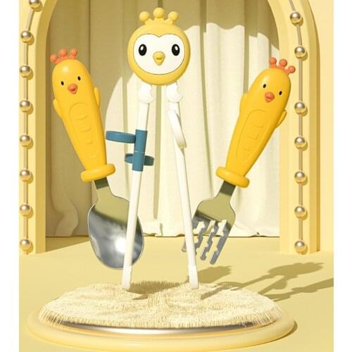 3Pcs/Set Baby Utensils Cartoon Chick Fall Resistant Food Grade Baby Training Spoon Fork Chopsticks Kit for Dining