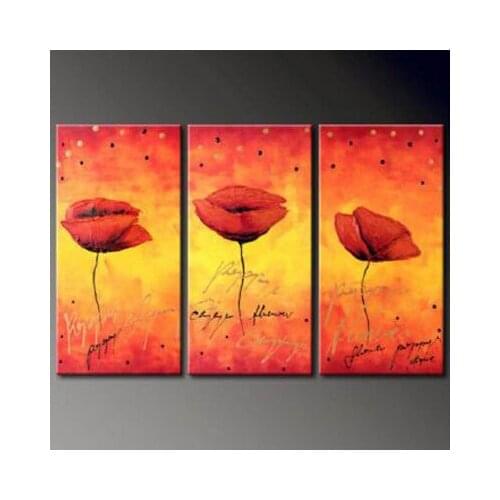 3pcs Hand Painted Canvas Painting-Three Cheerful Poppies-Modern Canvas Art Wall Decor-Floral Oil Painting Wall Art