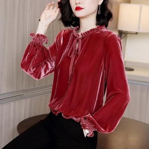Velvet Ladies Top Elegant Blouse Women Long Sleeve Autumn Basic Tee Shirt Tunic Ruffle Vintage Clothes Loose Casual