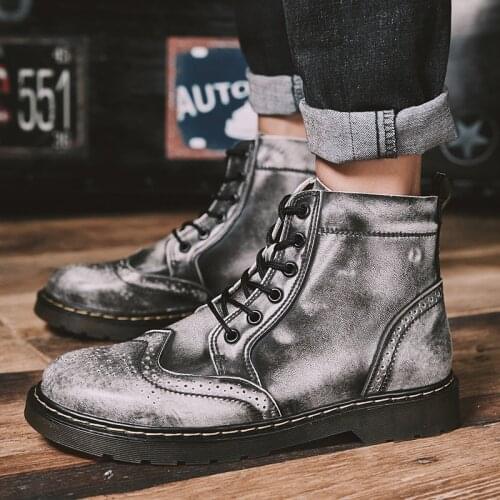 Autumn And Winter Vintage Brock Boots for Male Genuine Leather Boots Men Add Velvet Gray Casual Ankle Boots Men botines hombre