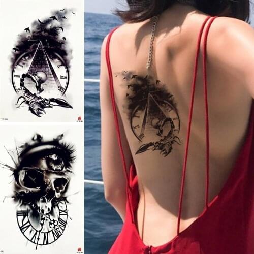 REJASKI Ancient Pyramid Clock Temporary Tattoo Sticker Scorpion Smoke Bird Traditional Black Tattoos Body Art Waist Fake Tatoo