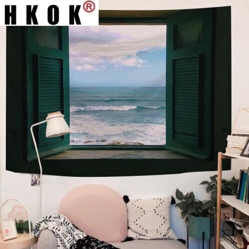 HKOK Window Sea Starry Landscape Tapestry Wall Hanging Covering Rug Background Cloth Beach Mat Blanket Art Bedroom Dorm Home Dec