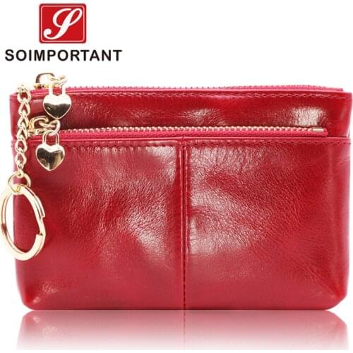 Luxury Women Wallets Genuine Oil Wax Leather Zipper Coin Purse Female Mini Credit Card Walet Small Lady Money Bags With Key Ring