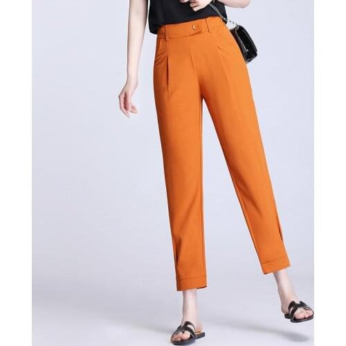 Suit Pants Woman High Waist OL Pants Sashes Pockets Office Ladies Harem Nine-Length Trousers Black Solid Blazer Pant P9397