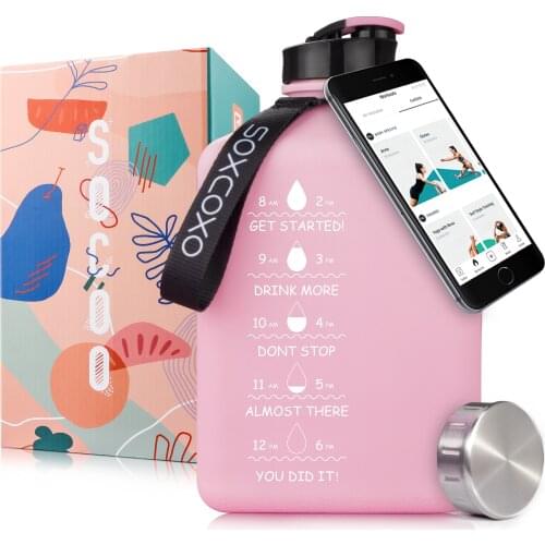 SOCOO Square Gallon Water Bottle 91oz/2.7Litre pink water jug Leak-Proof for Gym Fitness Sport Workout with Time Marker half gal