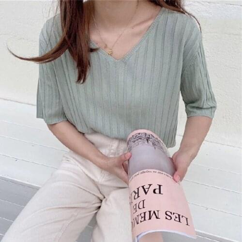 Summer V-neck Tops Short-sleeved Ice Silk Thin Section Knitted T-shirt Female Loose Half-sleeved Top Women Clothing