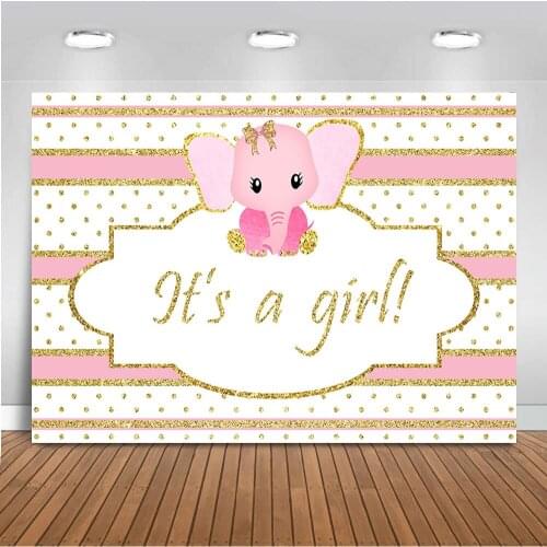 Mocsicka Newborn Baby Shower Party Decoration Banner Its a girl Pink Elephant Background for Photo Studio White and Pink Stripe