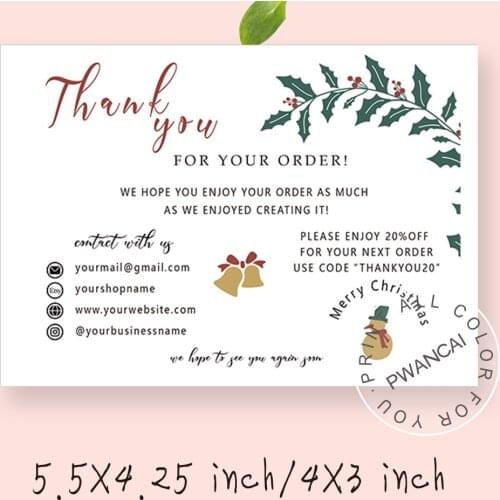 Editable Christmas Business Thank You Card,Printable gift card, Xmas Thank You For Order Packaging Insert Template custom