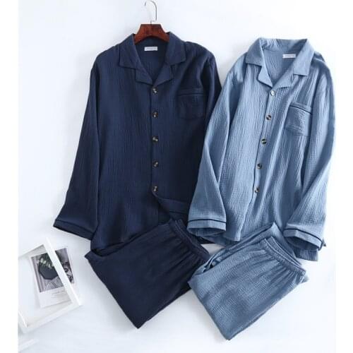 Spring Mens Crepe Gauze Pajamas Cotton Solid Pijamas Elastic Waist Lounge Wear Men Nightwear Plus Size Sleep Wear 2 Piece 3XL