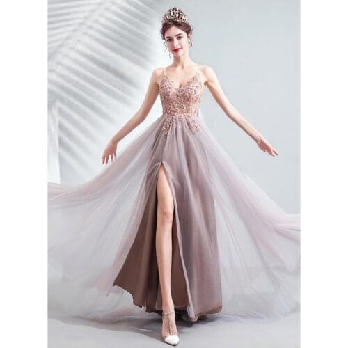 V-neck Sling High Slit Halter Evening Dress Banquet Bride Wedding Toast Dress Is Thin and Elegant Catwalk Wedding Dress A028