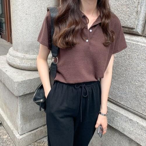 Marino Wool Polo Sweater Women Short Sleeve Knitted Polo Collar Sweaters Solid Color