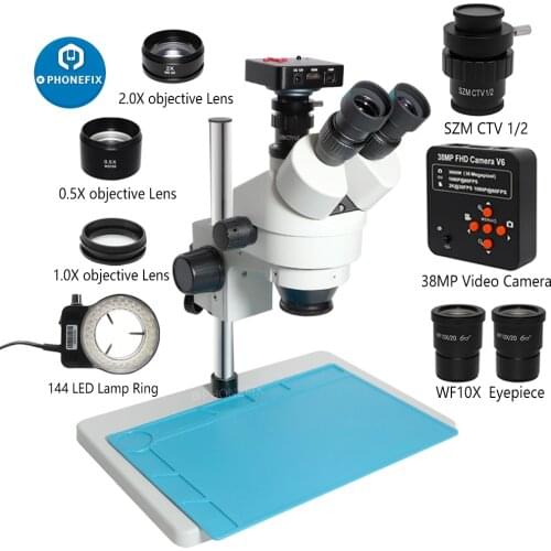 3.5X-90X Simul-Focal Stereo Trinocular Microscope 38MP 2K 1080P HDMI USB Video Camera 1/2 CTV Adapter Barlow Lens ESD Work Mat