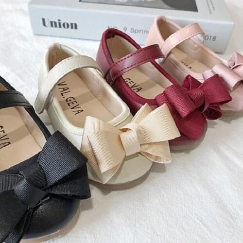Princess Girls Shoes Sandals Bowtie Cute Round Toe Butterfly Childrens Leather Shoes Hook Loop Non-Slip Solid Lace Up Fashion