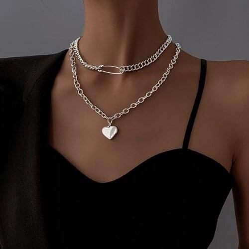 Women Necklaces Set Retro Double Choker Pin Heart Pendant Clavicle Chain Silver Color Necklace Birthday Party Jewelry