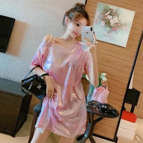 Bling Summer Top for Women Korean Fashion Short Sleeve T Shirt Sexy Strapless Round Neck Womens Loose Casual Tops Femme Y708