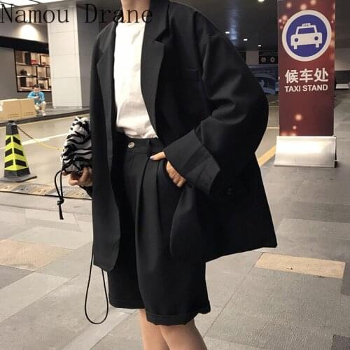 2021 Vintage Fashion 2 Piece Outfits Women Solid Casual Blazers High Waist Suit Short Pants Lady Sets Streetwear Black shorts