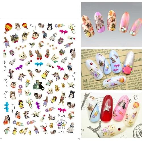 3D Nail Sticker Cute Animal Cat Bowknot Rabbit Fashion Stickers Autumn Small Adhesive Stickers for Manicure Nail Art Decoration