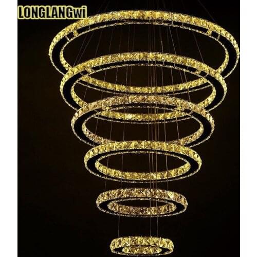 6 Rings luxury modern crystal chandeliers lights for lobby long crystal led Contemporary Large Crystal lighting