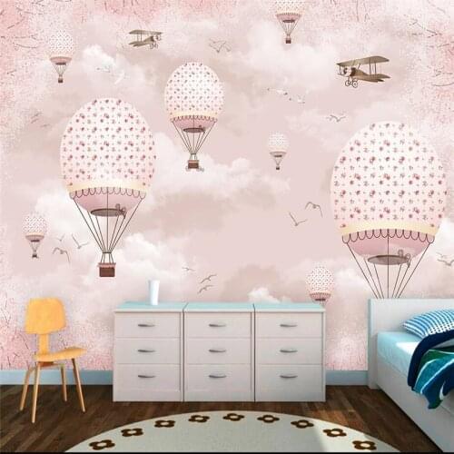 Beibehang Custom wallpaper childrens room pink girl heart cartoon hot air balloon wall custom large mural green wallpaper mural