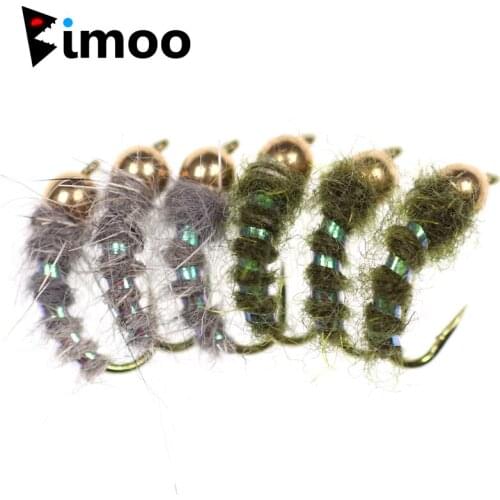 Bimoo 6pcs Size 12 Olive & Grey Caddis Nymph Fly Stonefly Nymphs Flashabou Rib Body