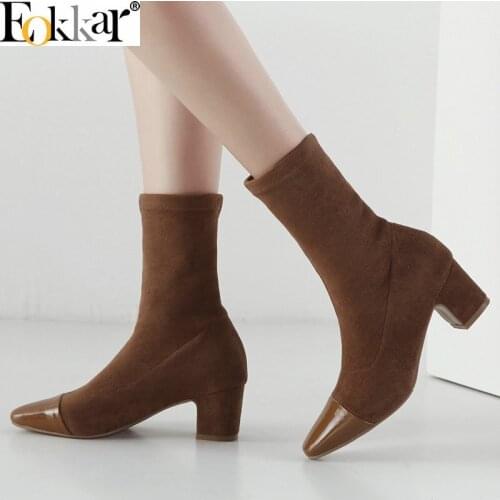 Eokkar 2020 New Square Heel Women Elastic Socks Ankle Boots Square Toe Kid Suede Winter Shoes Black Ladies Boots Size 34-40