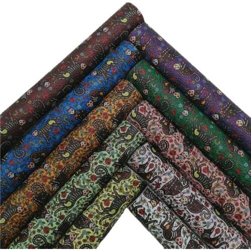 Halloween Cats Printed Synthetic Leather Litchi Faux Fabric Sheets Felt Backing Vinyl For Earrings bag Bows DIY 21X29CM GM2285B