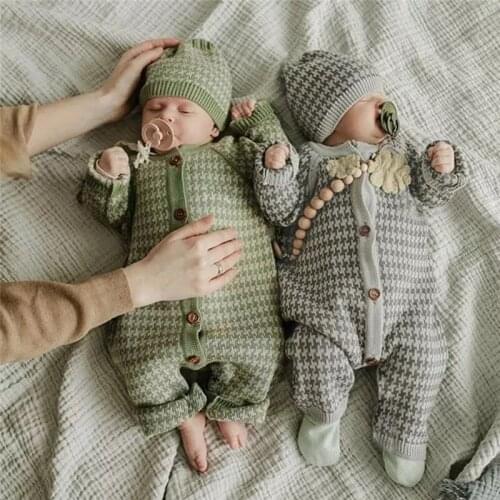 Cotton Spring Autumn Baby Romper With Plaid Hat Infant Toddler Jumpsuit Girls Boys Set Newest 2pcs Knitted Newborn Baby Clothes