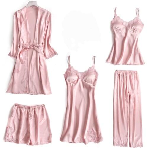 Pink Womens 5PC Strap Top Pants Suit Pajamas Sleepwear Sets Spring Autumn Home Wear Nightwear Kimono Robe Bath Gown