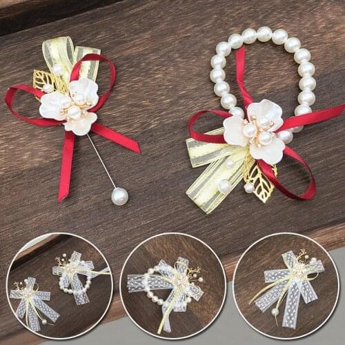 Lace Wrist Corsage Bridesmaid Sisters Pearl Hand Flower Wedding Bride Wrist Flowers Women Dancing Party Decoration