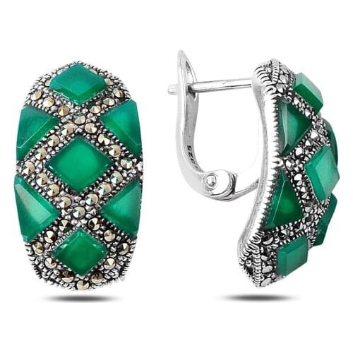 KUTAYDAN Marcasite & Natural Stone Earrings 925 Sterling Silver