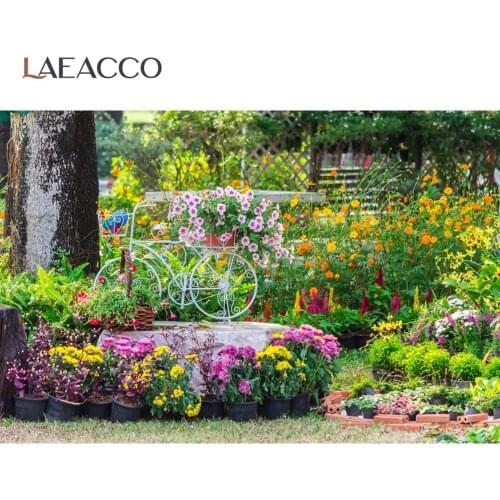 Laeacco Park Garden Spring Flowers Potted Grass Cozy Life Scenic Photographic Background Photocall Photo Backdrop Photo Studio