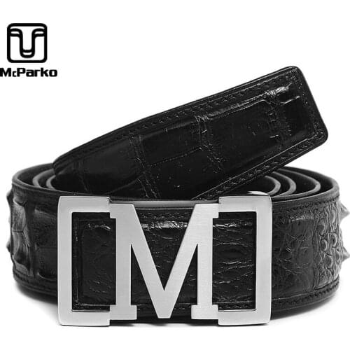 McParko Real Crocodile Leather Belt Men Luxury Brand Stainless Steel M Buckle Belt Genuine Leather Mens Belt for Jeans Brown